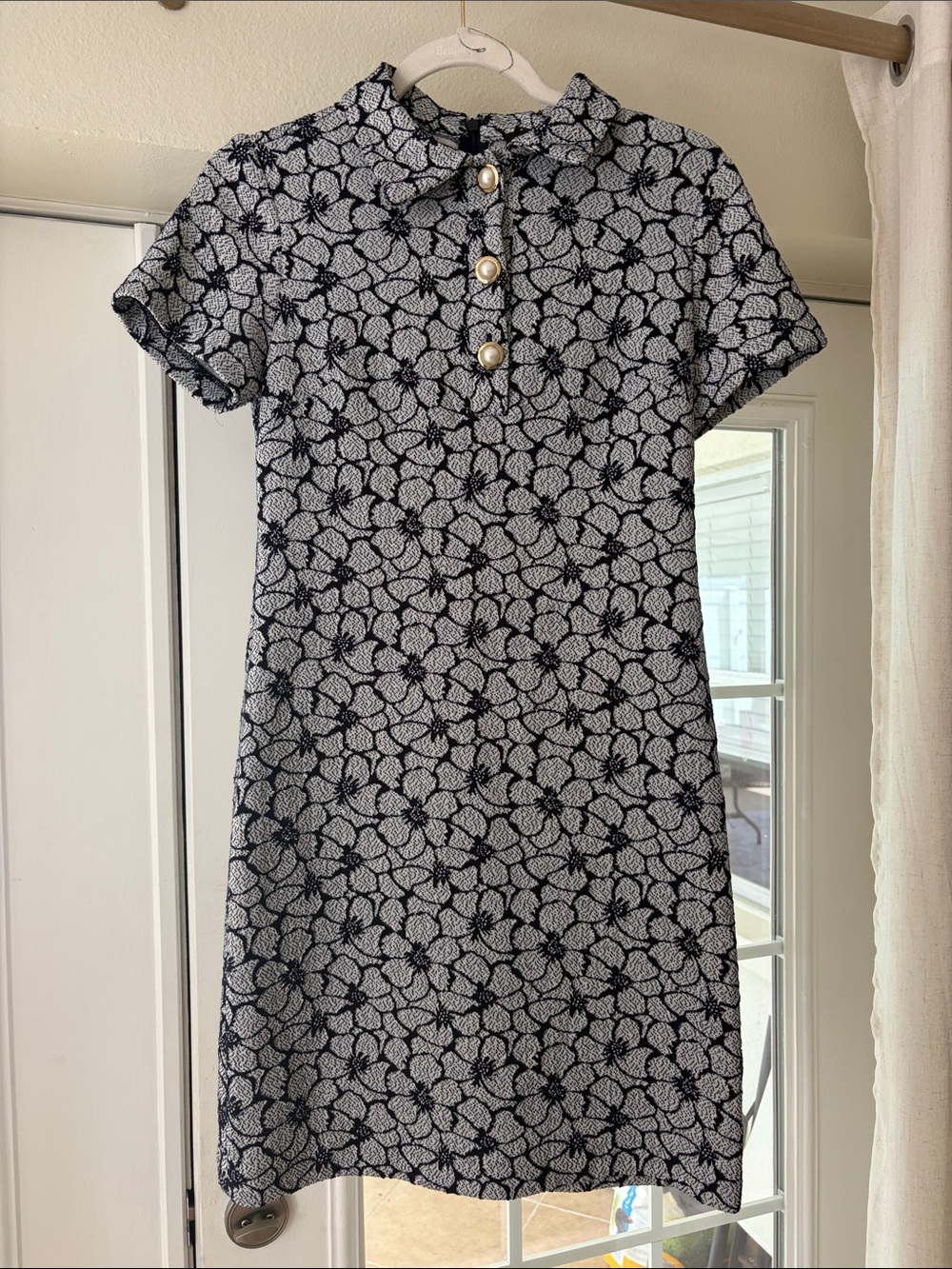 Karl Lagerfeld Black and White Floral Collared Shift Dress with Gold Buttons